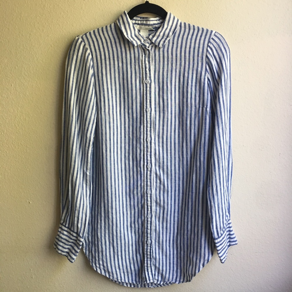 H&M 100% Linen striped long sleeve top sz 2